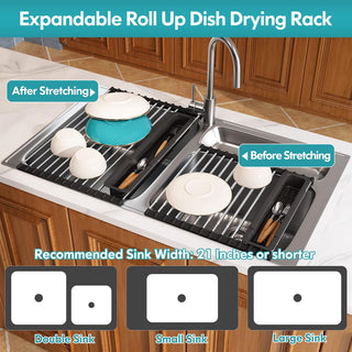 JASIWAY Roll Up Dish Drying Rack, Expandable 304 Stainless Steel Portable Drainer with Removable Utensil Holder (12.8"-23.3")