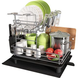 MAJALiS 2 Tier Dish Drying Rack Stainless Steel Dish Drainers Shelf Multifunctional Dish Strainers with Utensil Holder Cups Holder