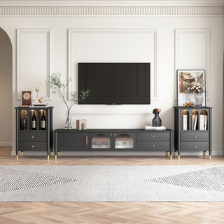 JASIWAY Modern Wood TV Stand Cabinet with Glass Door in Black & White