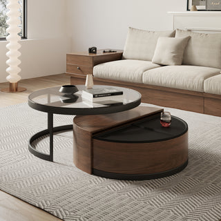 JASIWAY Black & Walnut 2-Piece Round 360-Degree Rotation Coffee Table Set With Storage & Glass Top