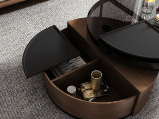 JASIWAY Black & Walnut Round 360-Degree Rotation Coffee Table Set Storage & Glass Top