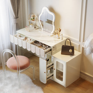 JASIWAY Modern White Makeup Vanity with LED Lighted Mirror & Drawers & Side Cabinet
