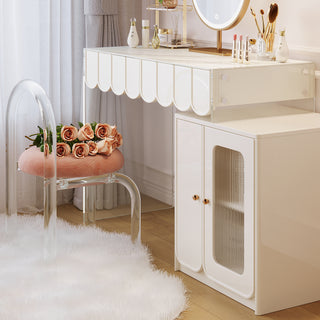 JASIWAY Modern White Makeup Vanity with LED Lighted Mirror & Drawers & Side Cabinet