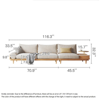 JASIWAY 116.3" Beige Cotton Linen 3-Seater Sofa Storage Fabric Sofa with Round Arm