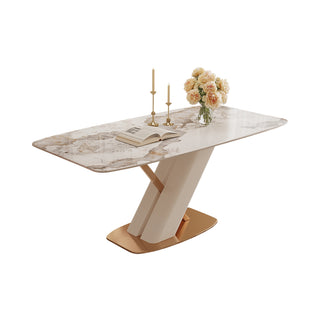 JASIWAY Modern White Rectangular Marble Dining Table  Gold Stainless Steel X-Base