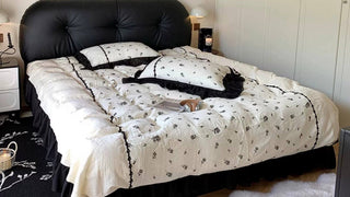 Bed: French Mid-Century Modern Black Genuine Leather Storage Bed with Tufted Headboard for Master Bedrooms