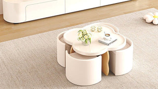 Coffee Table Ottoman Combination: Cream Style Four-Leaf Clover Coffee Table with Stools for Small Living Rooms
