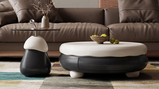 Cream Style Round Coffee Table Set: Designer Lacquered Storage Coffee Table with Pear-Shaped Silhouette