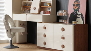 Dressing table: Mid-Century Cream Style All-in-One Vanity with 3-Fold LED Mirror for Small Bedrooms