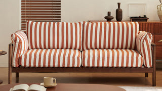 Japandi sofa: Mid-Century Modern Solid Wood Striped Fabric Sofa for Small Living Spaces