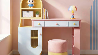 Makeup vanities: Dopamine Color Cream Style All-in-One Vanity with Storage for Kids' Bedrooms