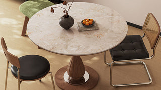 Round Dining Table: Mid-Century Bauhaus Solid Wood Round Dining Table with Sintered Stone Top for Small Homes