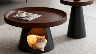 Round coffee table: Mid-Century Modern Cat House Coffee Table in Solid Wood for Small Living Spaces
