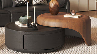 Round coffee table: Mid-Century Modern Italian Minimalist Retractable Round Coffee Table in Walnut Finish