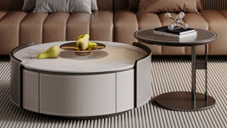 Round coffee table: Modern Luxury Sintered Stone & Saddle Leather Round Coffee Table Set for Small Living Rooms