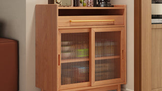 Sideboard: Japanese-Style Solid Pine Wood Buffet Cabinet with Fluted Glass Doors for Small Living & Dining Spaces