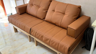 The Japandi Top-Grain Leather Pull Out Couch with Wooden Frame: Where Minimalist Warmth Meets Effortless Versatility