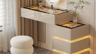 Vanity Desk with LED Light: Modern Minimalist Solid Wood Makeup Vanity for Small Bedrooms