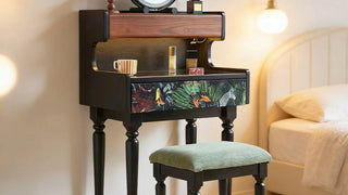 Vanity desk with drawers: French Mid-Century Modern Solid Ash Wood Vanity Table with LED Lighted Mirror for Small Bedrooms