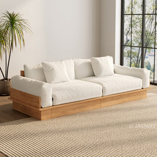 Japandi sofa with a wood platform base for calm modern living rooms