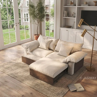 Cotton linen beige sectional sofa fabric for warm minimalist interiors
