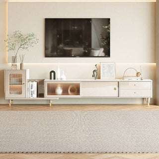 JASIWAY Light Luxury Retracted & Extendable TV Stand Storage Glass Door Media Console Beige with Drawers