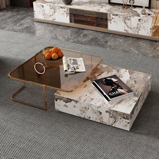 JASIWAY Rectangular Coffee Table Combination Sintered Stone Top  and Glass with 2 Drawers