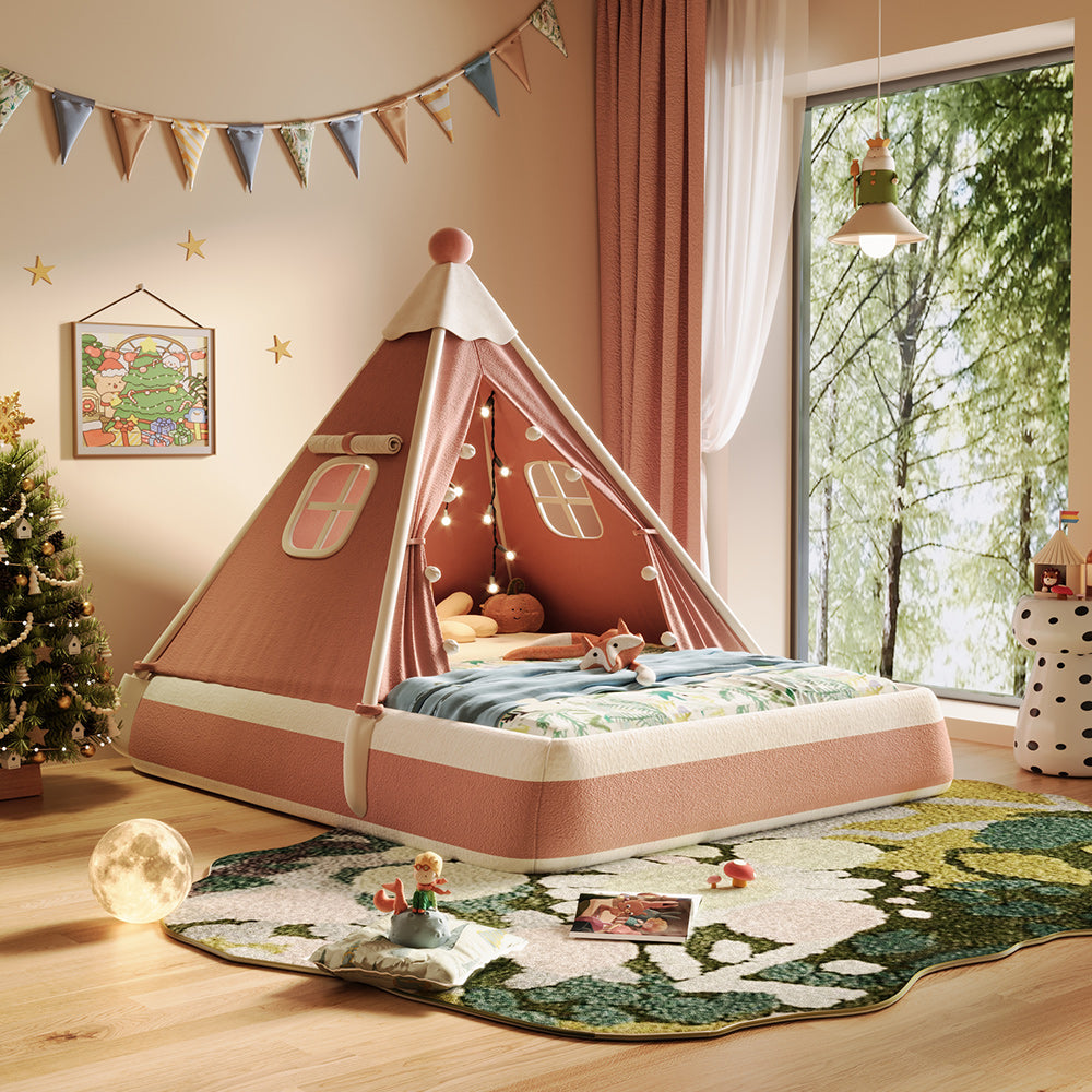 JASIWAY Christmas-Themed Upholstered Kids Tent Bed – Safe & Festive Play and Rest Space Yellow / W 70.87“ Bed Includes Mattress-150*200cm / Tech