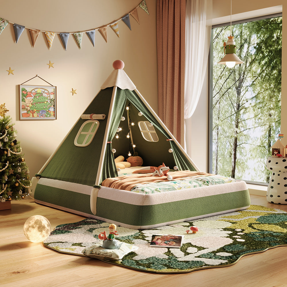 JASIWAY Christmas-Themed Upholstered Kids Tent Bed – Safe & Festive Play and Rest Space Green / W 59.09“ Bed Includes Mattress-120*200cm / Tech Velvet