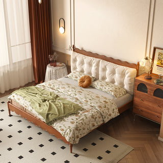 JASIWAY Vintage Solid Wood Master Bed with Upholstered Headboard