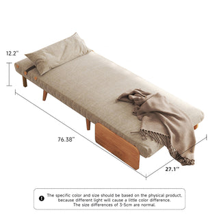 A product dimension diagram illustrates a fully flattened beige linen convertible chair bed on a white background. A matching pillow is placed neatly at the head of the bed, and a soft throw blanket drapes across the middle. Dimension lines indicate a length of 76.38 inches, a width of 27.1 inches, and a height of 12.2 inches.
