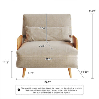 A product dimension diagram illustrates a beige linen convertible armchair from the front. The chair features a width of 27.1 inches, a total height of 31.89 inches, and a seat height of 17.13 inches. Additional callouts show the cushion depth, backrest dimensions, and leg clearance for easy reference.