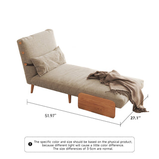 A product dimension diagram illustrates a beige linen convertible armchair configured as an extended lounge chaise on a white background. A matching rectangular lumbar pillow rests against its reclined backrest, and a soft throw blanket drapes across the foot of the seat. Dimension lines indicate a length of 51.97 inches and a width of 27.1 inches.