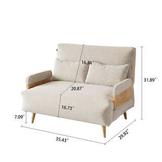 A product dimension diagram illustrates a beige linen convertible loveseat from a three-quarter view against a white background. The loveseat features a width of 35.43 inches, a depth of 29.92 inches, and a total height of 31.89 inches. Additional callouts indicate a seat height of 16.73 inches and leg clearance of 7.09 inches for quick reference.