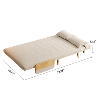 A product dimension diagram illustrates a fully flattened beige linen convertible loveseat bed on a white background. Two matching pillows are placed neatly at the head of the bed. Dimension lines indicate a length of 76.38 inches, a width of 35.43 inches, and a height of 12.2 inches.