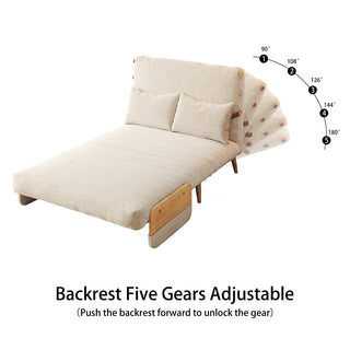A functional diagram demonstrates the five-gear adjustable backrest of a beige linen convertible sofa bed on a white background. The overlay illustrates the different recline angles ranging from 90 degrees to 180 degrees. Two matching rectangular lumbar pillows rest against the backrest to provide extra support in various positions.