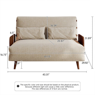 A product dimension diagram illustrates a beige linen convertible loveseat from the front against a white background. The loveseat features an overall width of 43.31 inches, a total height of 31.89 inches, and a seat height of 16.73 inches. Additional callouts indicate cushion dimensions, armrest height, and leg clearance for quick reference.