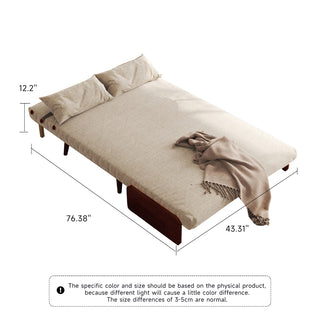 A product dimension diagram illustrates a fully flattened beige linen convertible sofa bed on a white background. Two matching pillows are placed neatly at the head of the bed, and a soft throw blanket drapes across the side. Dimension lines indicate a length of 76.38 inches, a width of 43.31 inches, and a height of 12.2 inches.