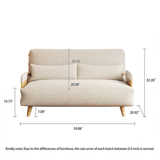 A product dimension diagram illustrates a beige linen convertible loveseat from the front against a white background. The loveseat features an overall width of 59.06 inches, a total height of 32.28 inches, and a seat height of 16.73 inches. Additional callouts indicate cushion dimensions, depth, and leg clearance for quick reference.