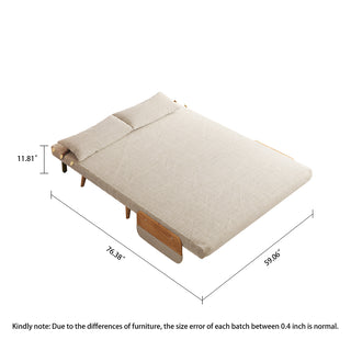 A product dimension diagram illustrates a fully flattened beige linen convertible sofa bed on a white background. Two matching pillows are placed neatly at the head of the bed. Dimension lines indicate a length of 76.38 inches, a width of 59.06 inches, and a height of 11.81 inches.