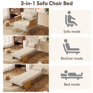 A product features infographic highlights the 3-in-1 versatility of the beige tufted fabric convertible chair. It displays three distinct configurations: Sofa mode for upright seating, Recliner mode for lounging, and Bed mode for sleeping. Corresponding icons and lifestyle photos illustrate each conversion option in a bright, modern room setting.