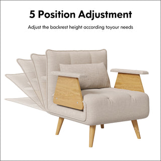A product feature diagram illustrates the 5-position adjustment function of the beige tufted fabric convertible armchair. Overlapping transparent outlines demonstrate how the backrest can recline to various angles to suit different user needs. Wooden legs and angled armrests frame the primary seating position against a clean white background.