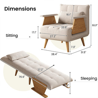 A product dimension diagram illustrates a beige tufted fabric convertible armchair in both sitting and sleeping configurations. The sitting mode measures 28.4 inches wide by 31.5 inches deep by 32.3 inches high, with a seat height of 17.1 inches. The sleeping mode extends to a length of 76.6 inches with a height of 11.2 inches.
