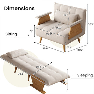 A product dimension graphic displays the specifications of the textured beige convertible armchair and daybed in two configurations against a white background. The "Sitting" configuration shows an armchair measuring 36.6" wide, 31.5" deep, and 32.3" high, complete with armrest details and a back cushion. The "Sleeping" configuration displays the fully extended daybed reaching a length of 76.6" with a height of 11.2". 