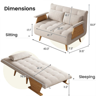 A product dimension diagram illustrates a wide beige tufted fabric convertible loveseat in both sitting and sleeping configurations. The sitting mode measures 43.3 inches wide by 31.5 inches deep by 32.3 inches high, with a seat height of 17.1 inches. The sleeping mode extends to a length of 76.6 inches with a width of 41.7 inches and a height of 11.2 inches.