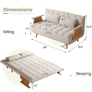 A product dimension diagram illustrates a wide beige tufted fabric convertible sofa in both sitting and sleeping configurations. The sitting mode measures 59 inches wide by 31.5 inches deep by 32.3 inches high, with a seat height of 17.1 inches. The sleeping mode extends to a length of 76.6 inches with a width of 57.5 inches and a height of 11.2 inches.