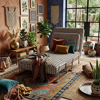 A black and white houndstooth pattern convertible sleeper sofa reclined into a chaise lounge in a vibrant bohemian-style living room featuring a gallery wall of botanical art, macramé wall hangings, rich-toned accent pillows, and layered vintage rugs.