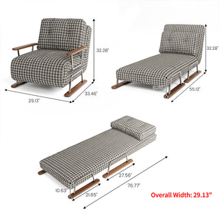 A dimension diagram showing the product measurements of a black and white houndstooth convertible sleeper sofa in armchair, chaise lounge, and single bed configurations, noting an overall width of 29.13 inches.