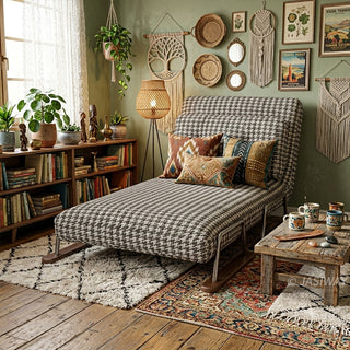 A brown and white houndstooth pattern convertible sleeper sofa reclined into a chaise lounge in a boho-style living room featuring macramé wall hangings, woven baskets, patterned accent pillows, layered rugs, and a wooden bookshelf.