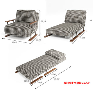 A dimension diagram showing the product measurements of a brown and white houndstooth convertible sleeper sofa in armchair, chaise lounge, and single bed configurations, noting an overall width of 35.43 inches.